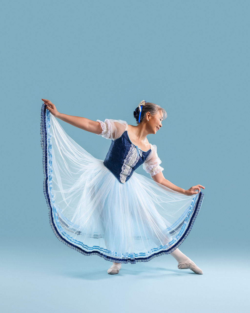 Dancer twirling in a blue and white costume