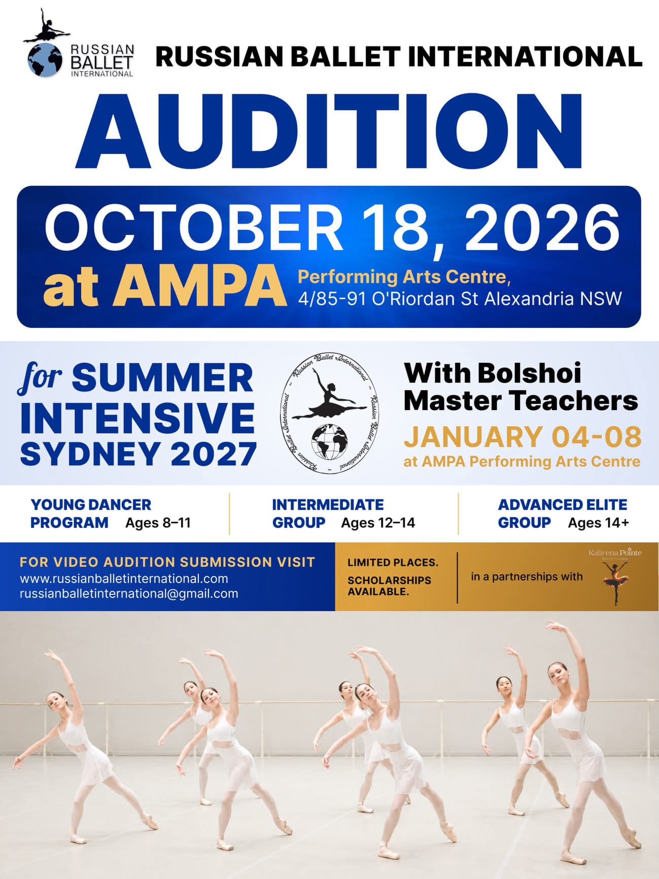 Official Russian Ballet International audition flyer for the Sydney 2027 Summer Intensive